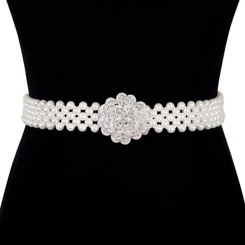 Pearl Belt Night Dress Wedding Sash Off White Rhinestone Waist Chain